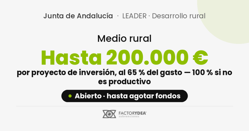 Medio rural · Hasta 200.000 € · por proyecto de inversión, al 65 % del gasto — 100 % si no es productivo (Abierto · hasta agotar fondos)