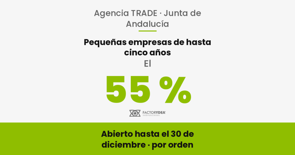 ayudas-trade-puesta-en-marcha-pequenas-empresas-andalucia-3 Pequeñas empresas de hasta cinco años · El 55 % · de la inversión para poner en marcha tu pequeña empresa, desde 30.000 € (Abierto hasta el 30 de diciembre · por orden)