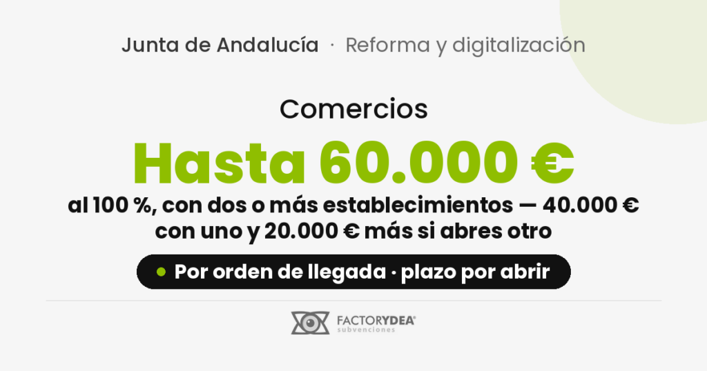 Comercios · Hasta 60.000 € · al 100 %, con dos o más establecimientos — 40.000 € con uno y 20.000 € más si abres otro (Por orden de llegada · plazo por abrir)