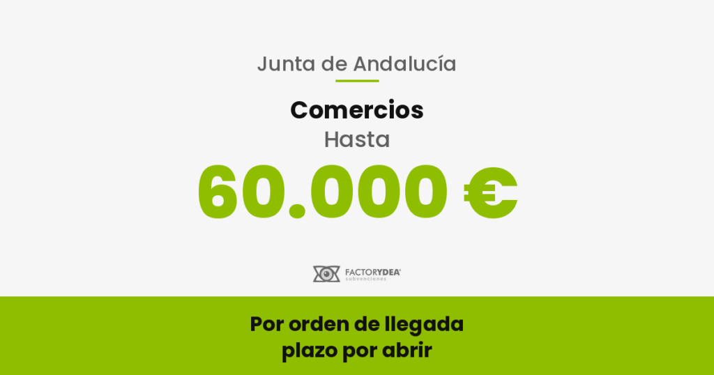 Comercios · Hasta 60.000 € · al 100 %, con dos o más establecimientos — 40.000 € con uno y 20.000 € más si abres otro (Por orden de llegada · plazo por abrir)