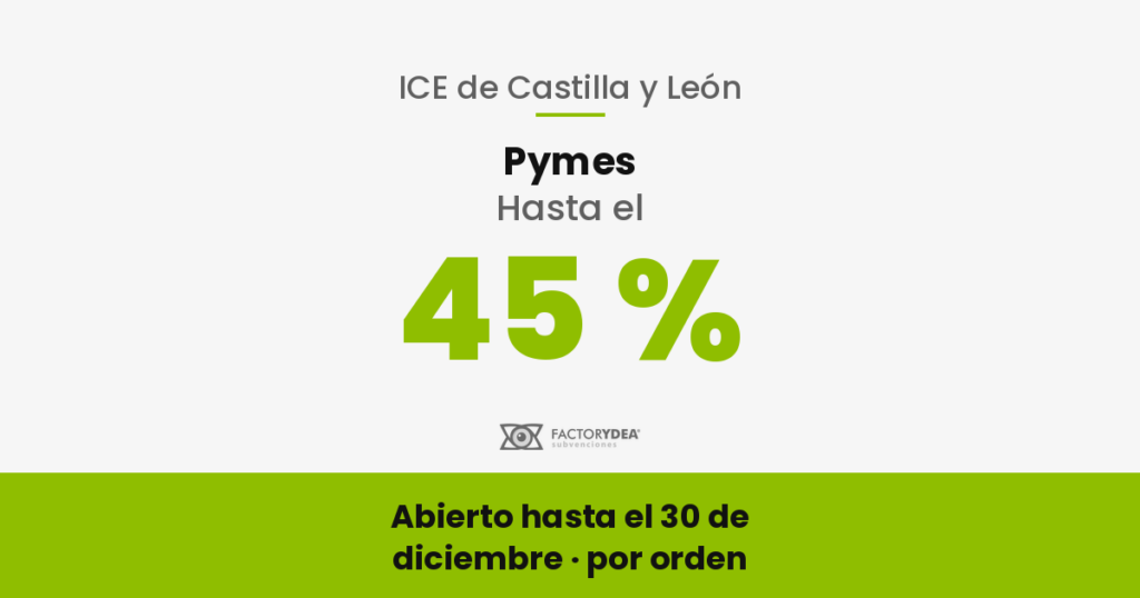 Pymes · Hasta el 45 % · de la inversión subvencionable, y ese techo es el de una pequeña empresa en Ávila o Salamanca con los 100 puntos del baremo; el de una mediana en Burgos, León, Palencia, Segovia o Valladolid es el 25 % (Abierto hasta el 30 de